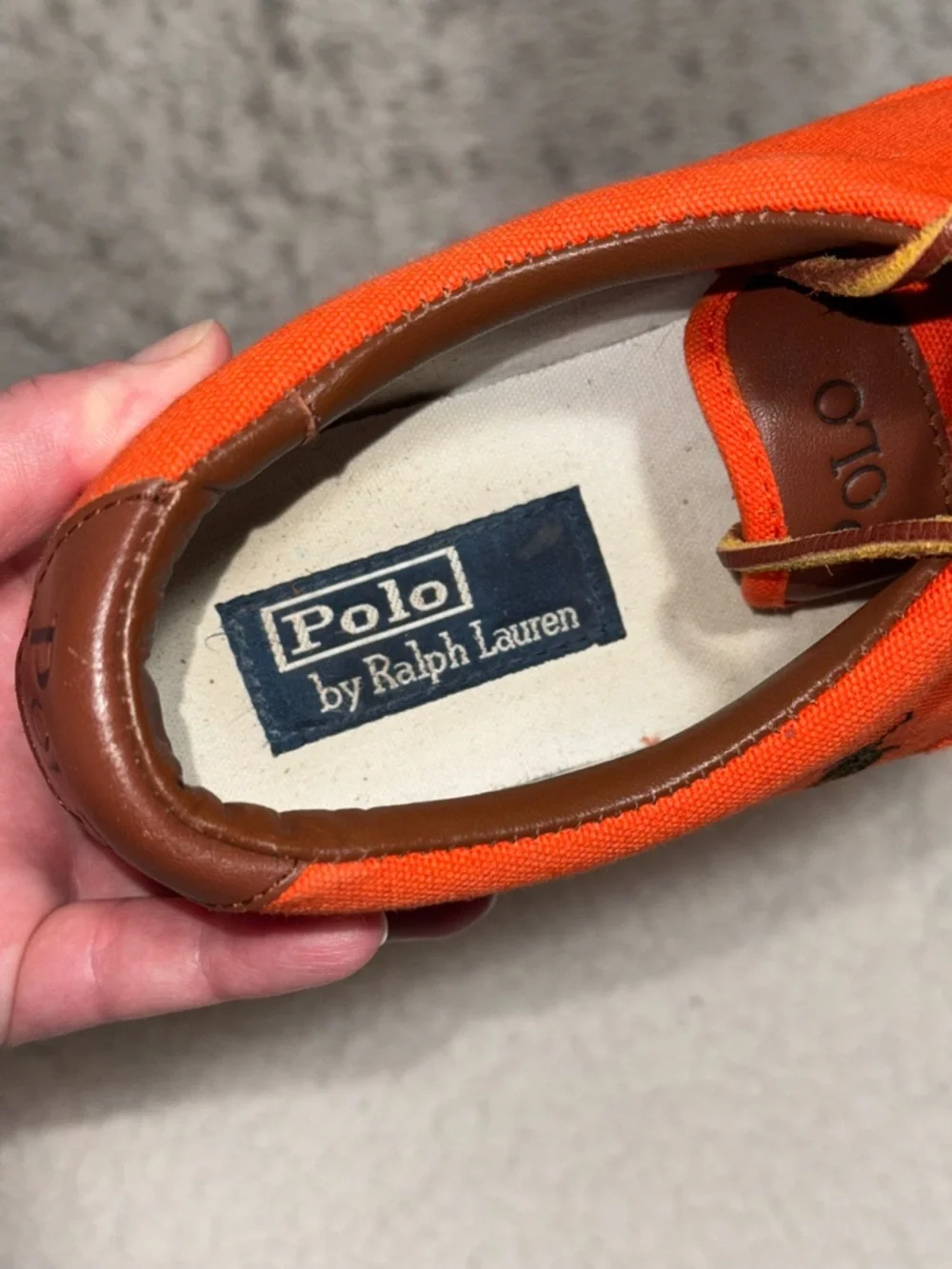 Polo by Ralph Lauren Vaughn Orange Canvas Sneakers with Brown Trim Men Sz 10.5D
